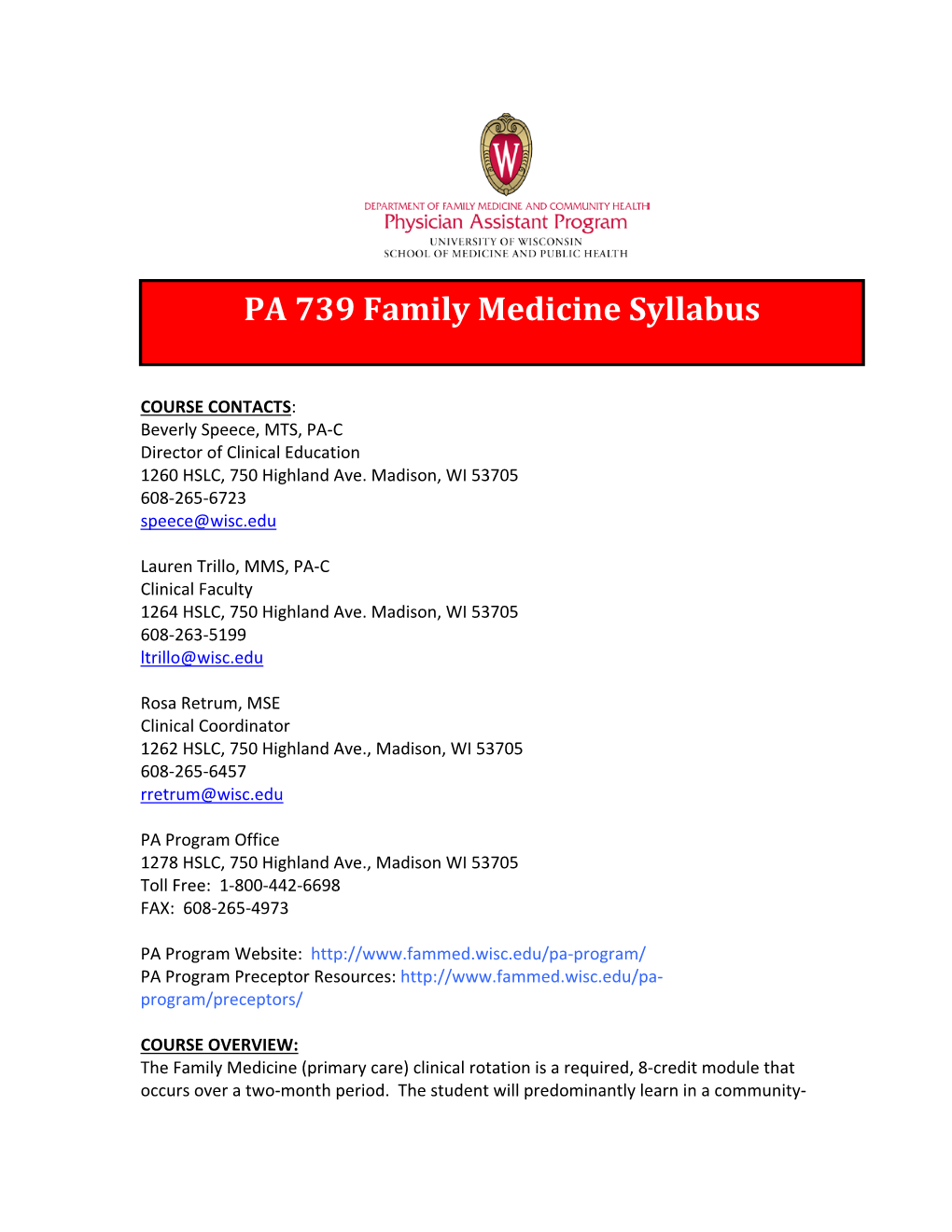 PA 739 Family Medicine Syllabus