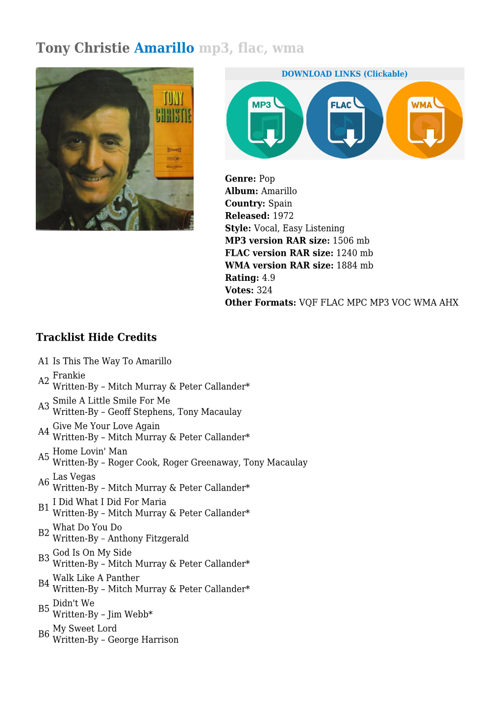 Tony Christie Amarillo Mp3, Flac, Wma