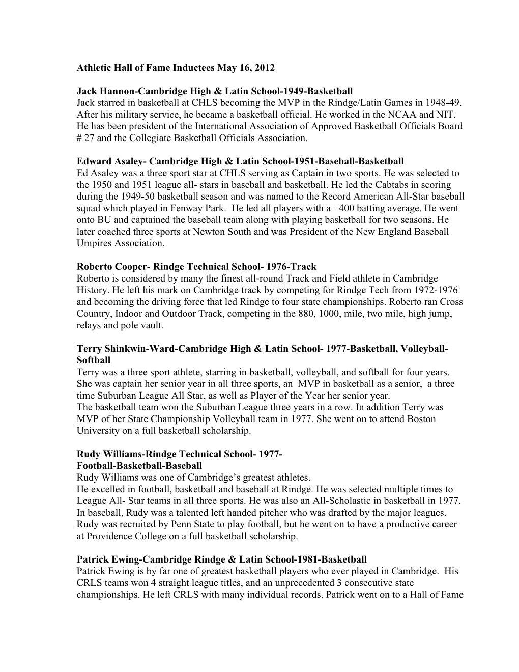 Athletic Hall of Fame Inductees May 16, 2012