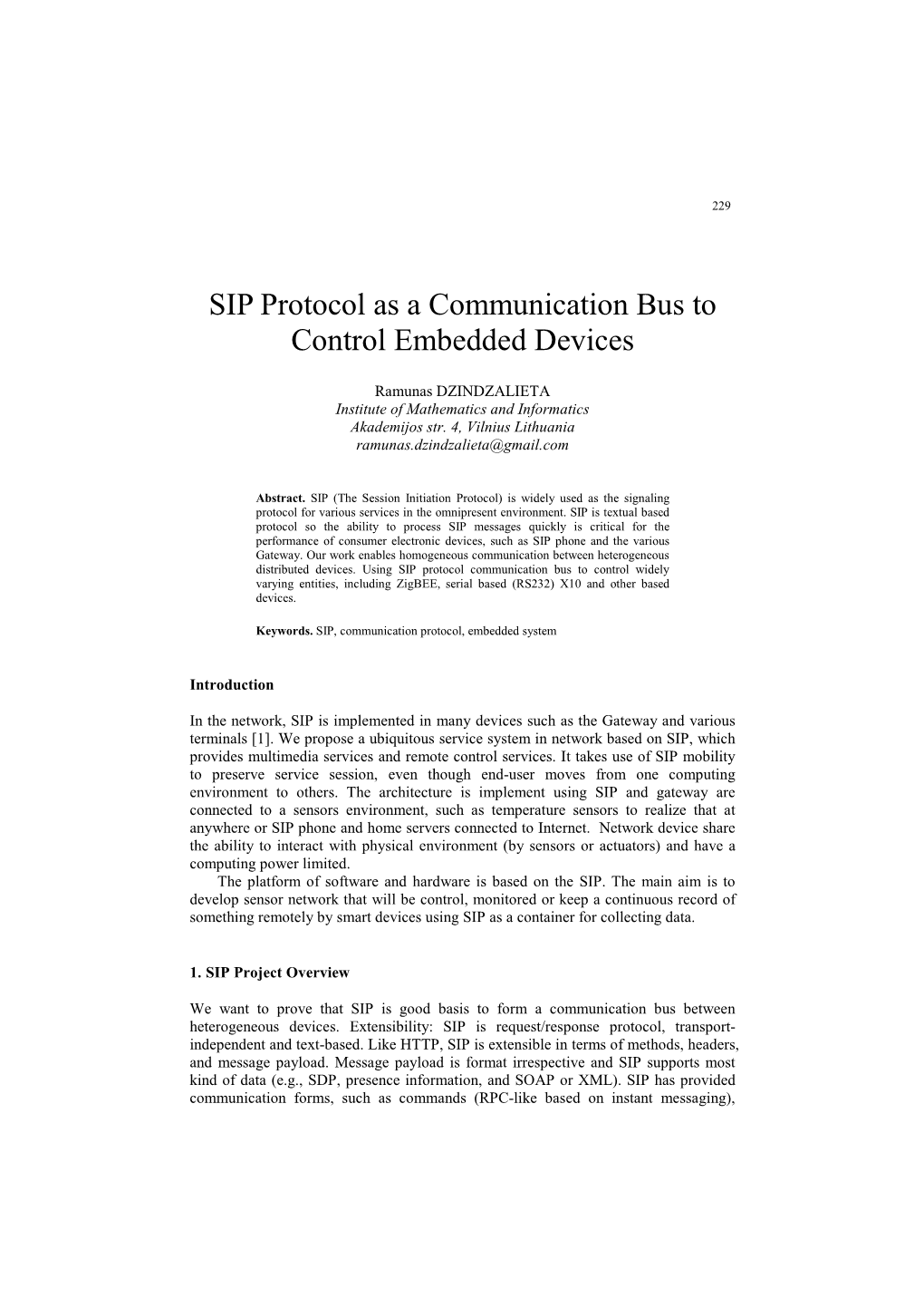 SIP Protocol As a Communication Bus to Control Embedded Devices