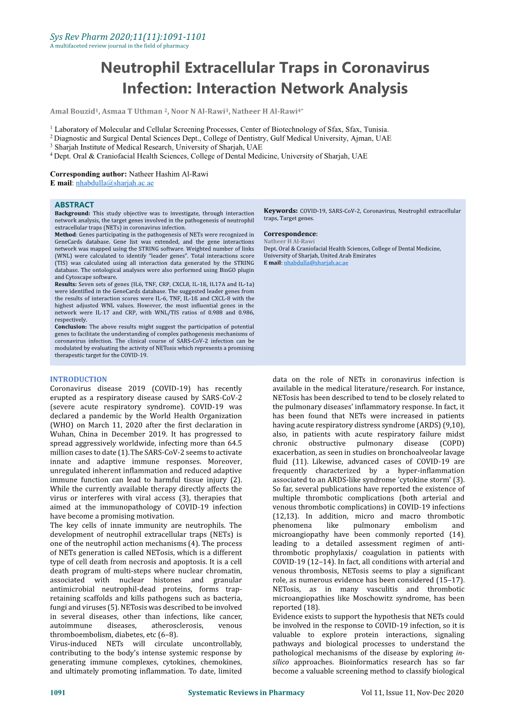 Neutrophil Extracellular Traps in Coronavirus Infection: Interaction Network Analysis