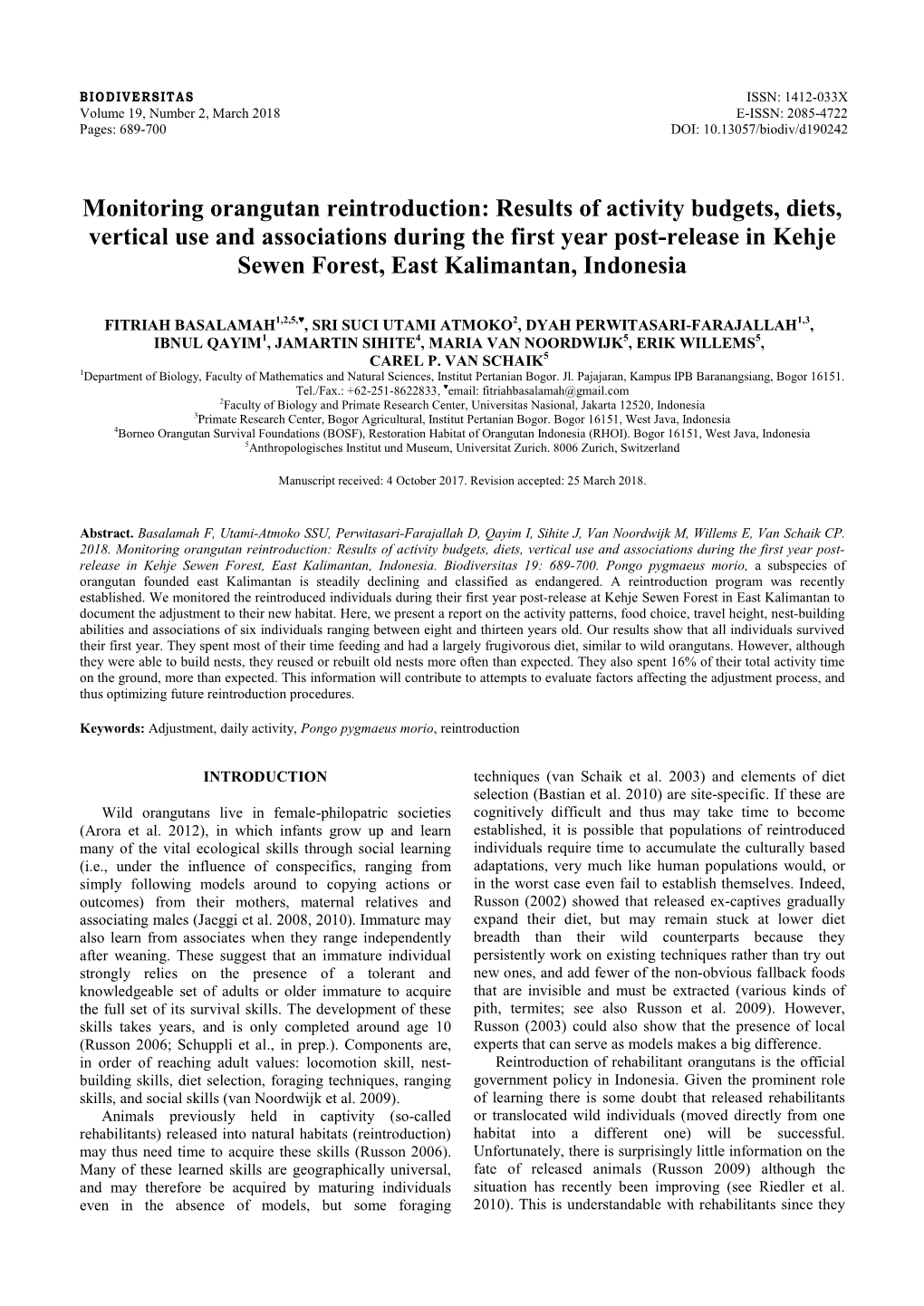 Monitoring Orangutan Reintroduction: Results of Activity Budgets, Diets