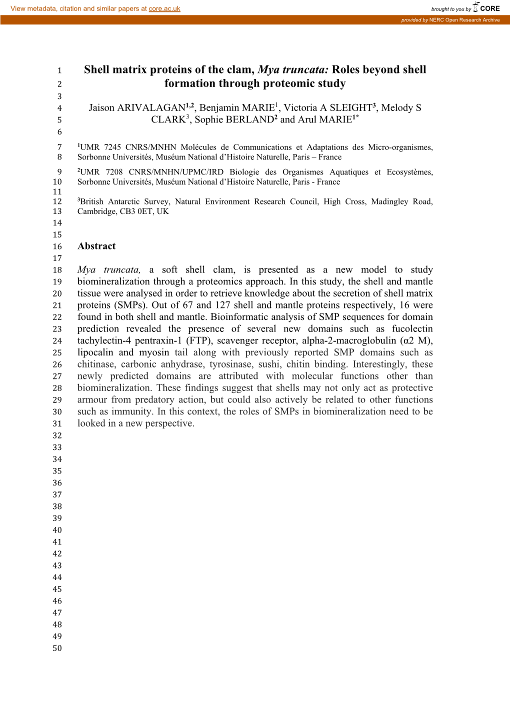 Shell Matrix Proteins of the Clam, Mya Truncata