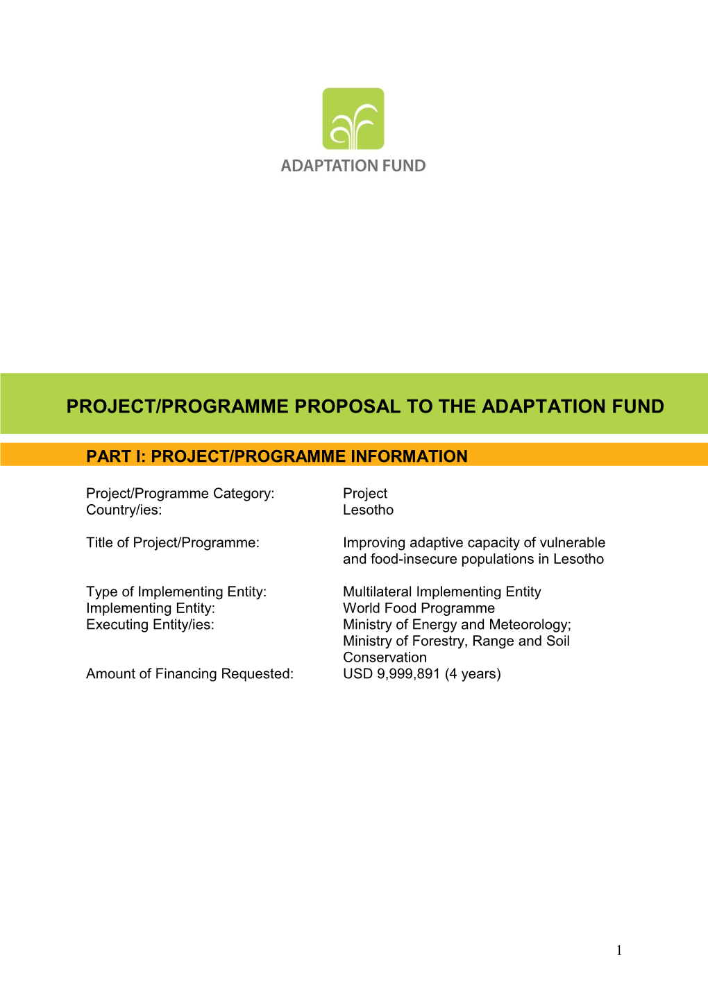 Project/Programme Proposal to the Adaptation Fund