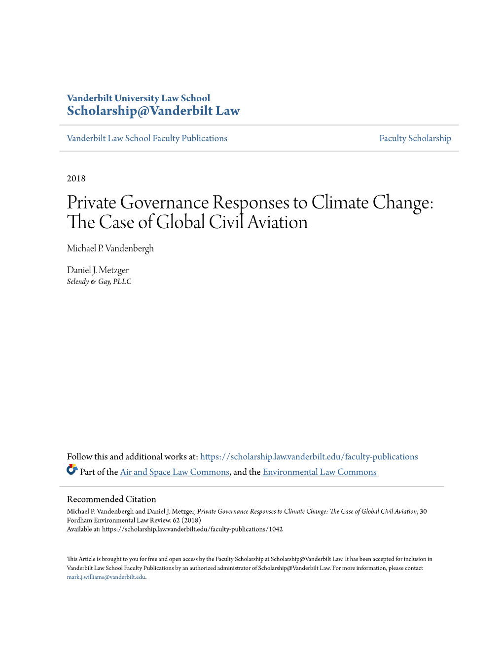 Private Governance Responses to Climate Change: the Ac Se of Global Civil Aviation Michael P