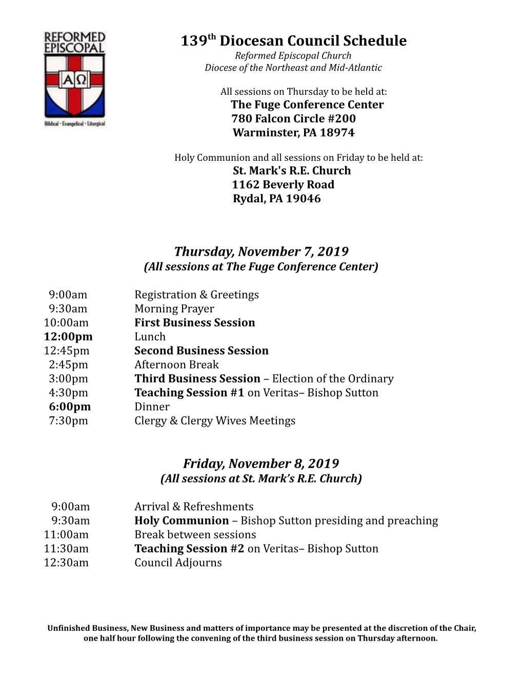 139Th Diocesan Council Schedule Reformed Episcopal Church Diocese of the Northeast and Mid-Atlantic