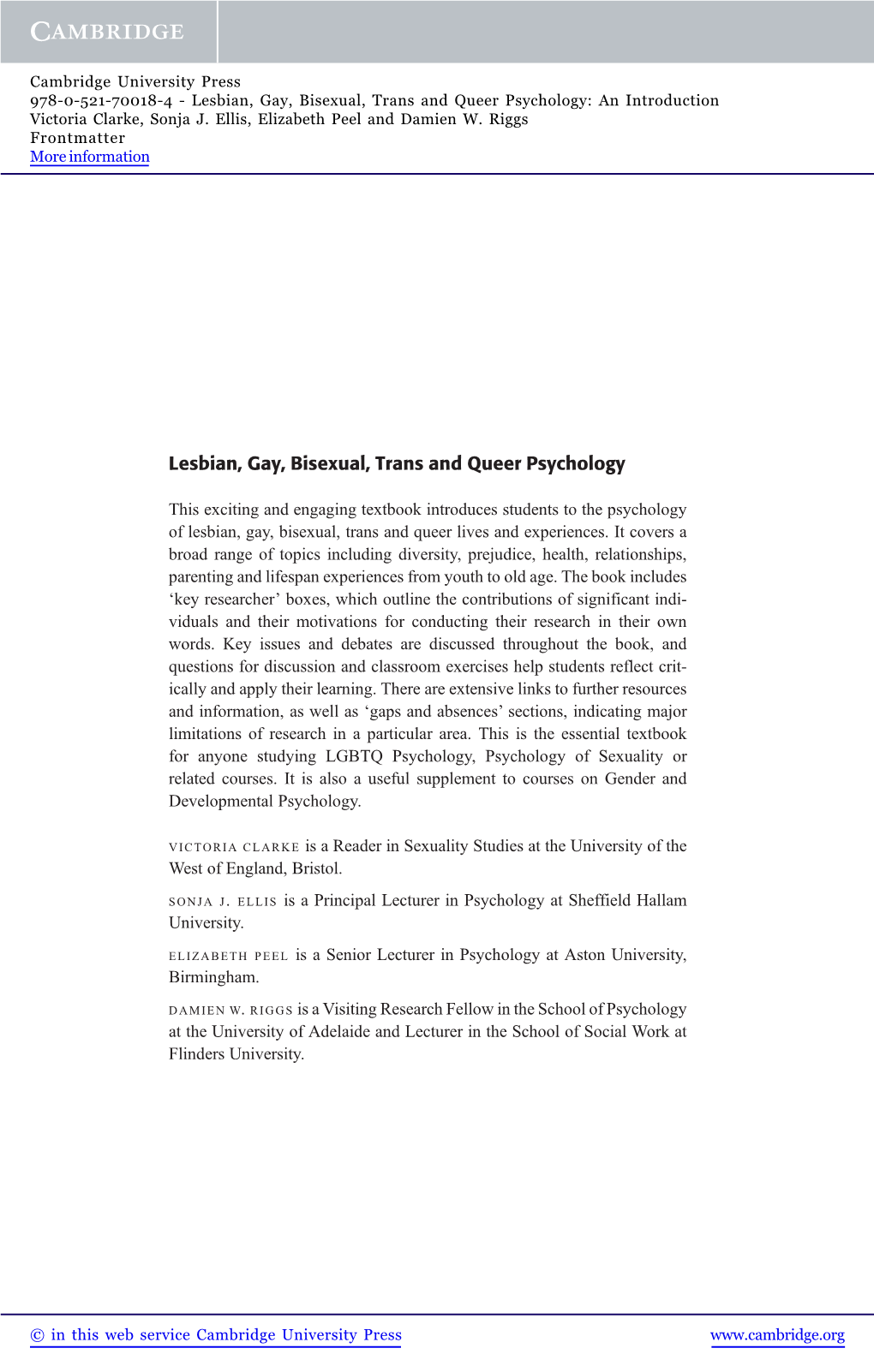 Lesbian, Gay, Bisexual, Trans and Queer Psychology: an Introduction Victoria Clarke, Sonja J