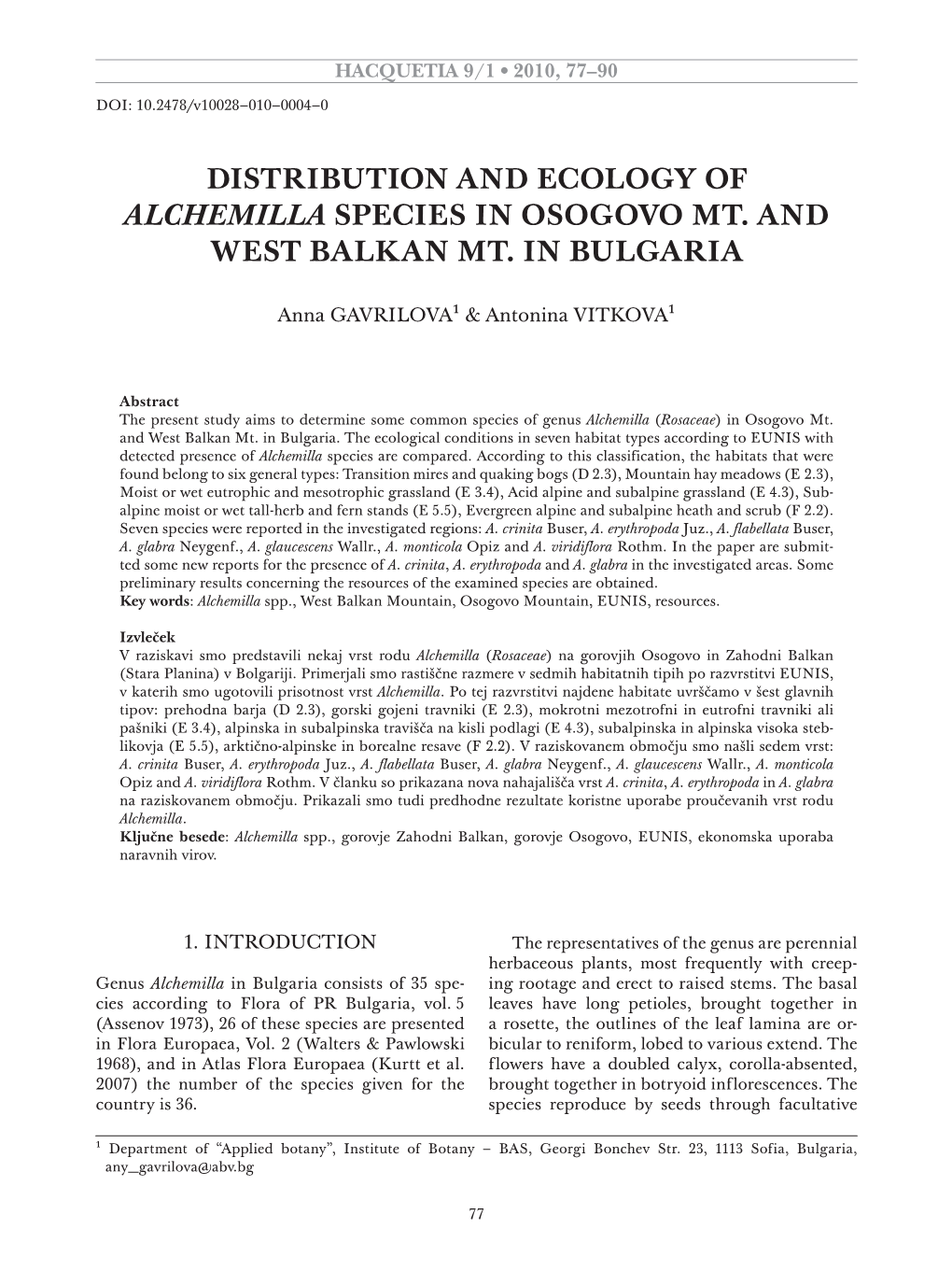 Distribution and Ecology of Alchemilla Species in Osogovo Mt. and West Balkan Mt