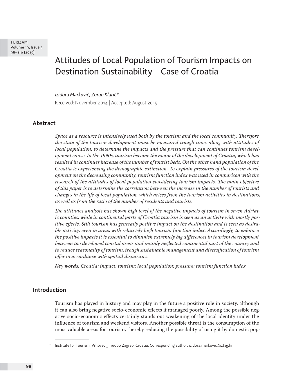 Attitudes of Local Population of Tourism Impacts on Destination Sustainability – Case of Croatia
