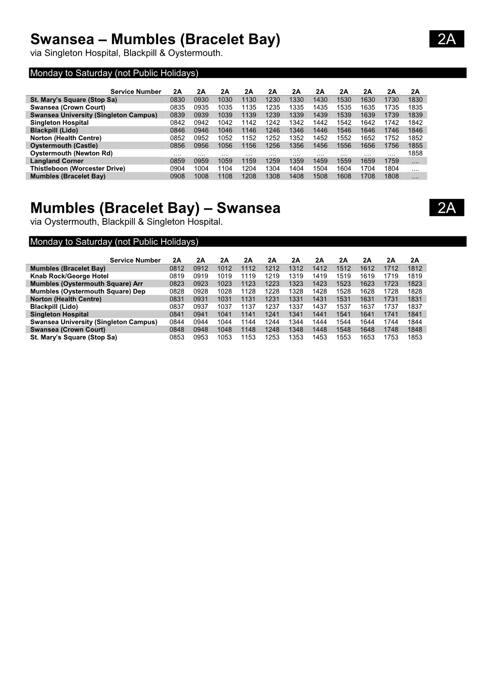 Swansea – Mumbles (Bracelet Bay) 02A0 Via Singleton Hospital, Blackpill & Oystermouth