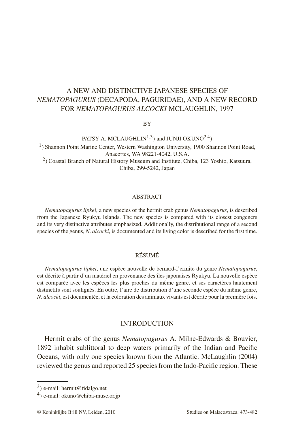 (Decapoda, Paguridae), and a New Record for Nematopagurus Alcocki Mclaughlin, 1997