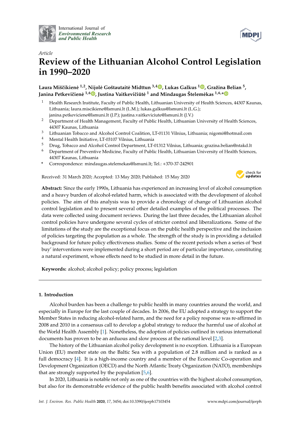 Review of the Lithuanian Alcohol Control Legislation in 1990–2020