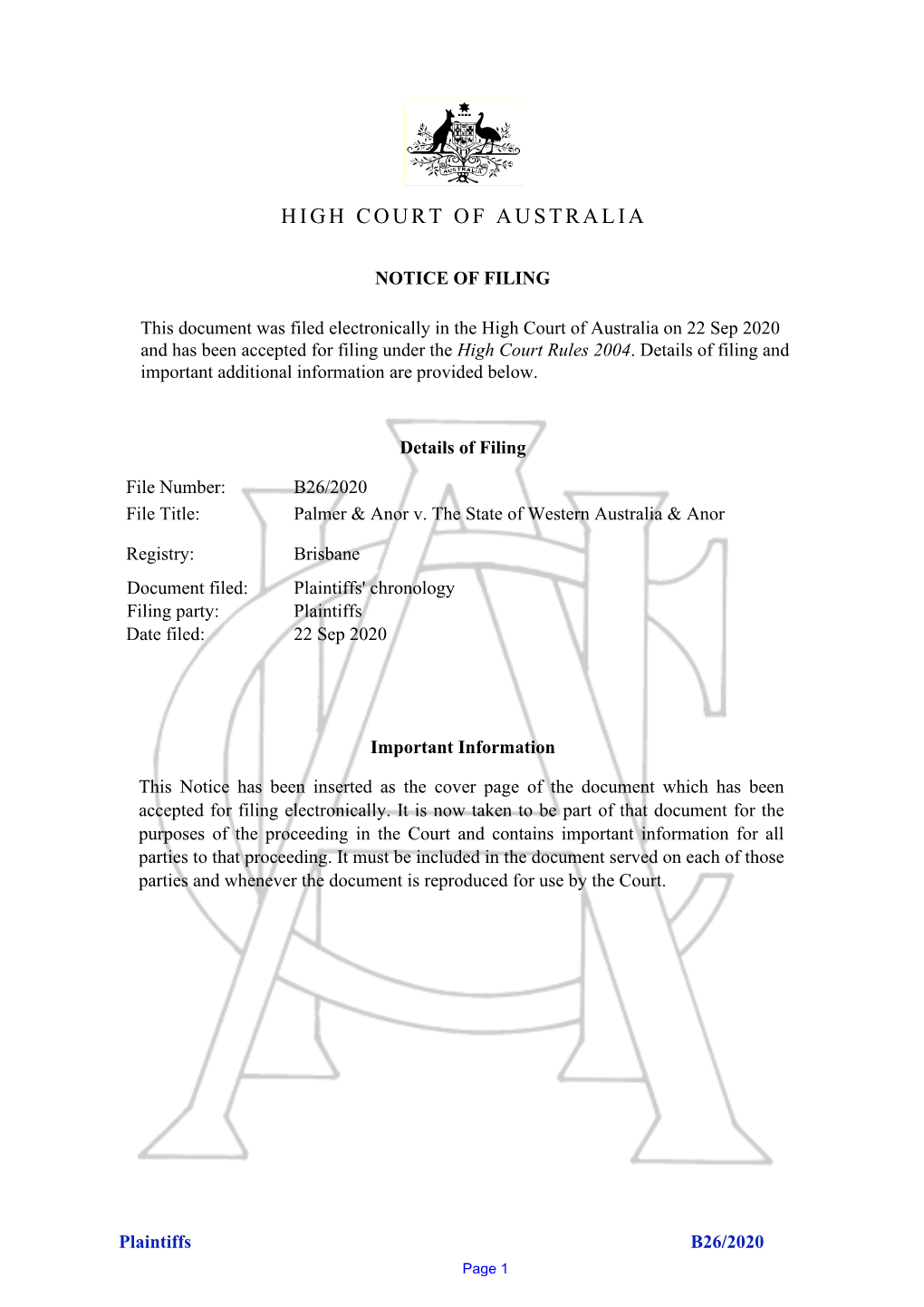 Chronology Filingfiling Party:Party: Plaintiffs Dadatete Ffiled:Iled: 22 Sep 2020