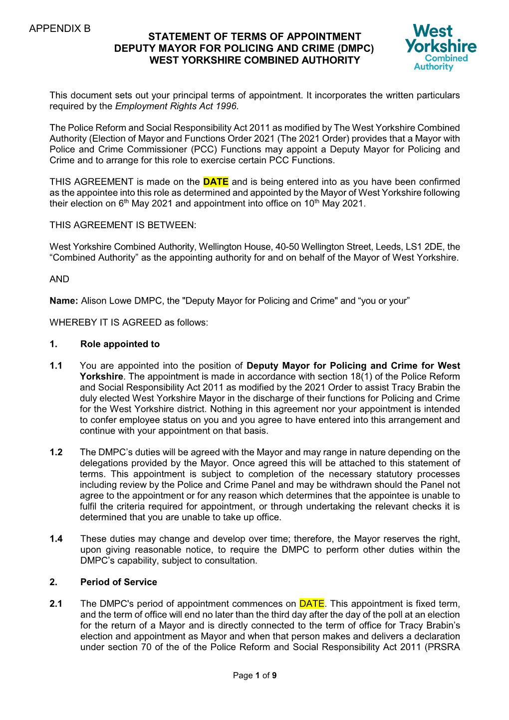 Statement of Terms of Appointment Deputy Mayor for Policing and Crime (Dmpc) West Yorkshire Combined Authority Appendix B