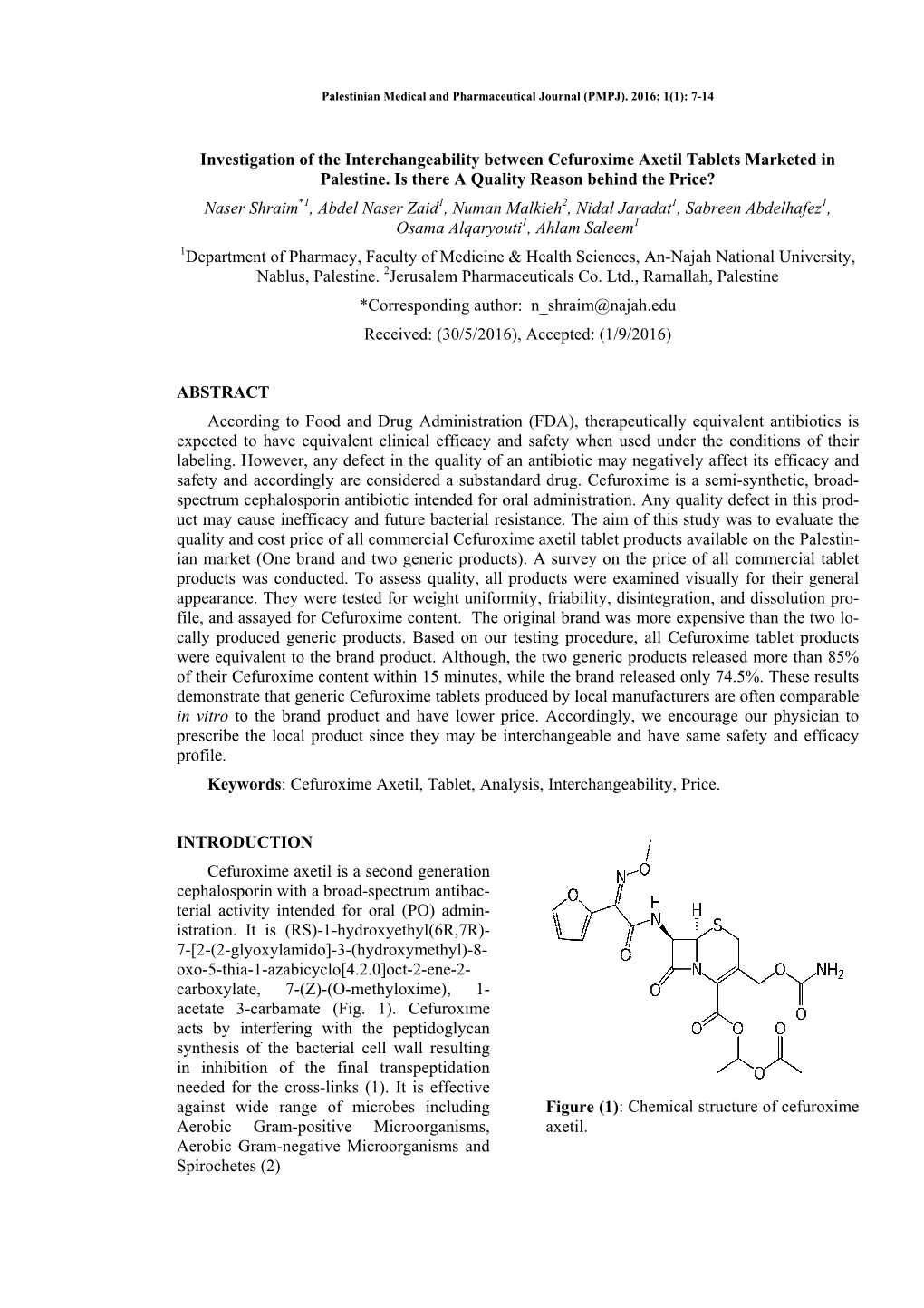 Investigation of the Interchangeability Between Cefuroxime Axetil Tablets Marketed in Palestine