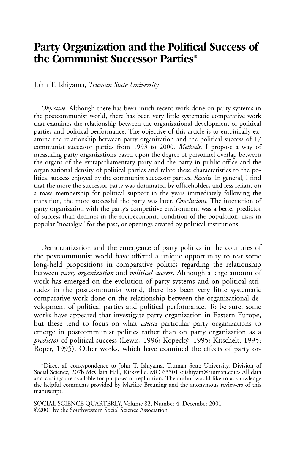 Party Organization and the Political Success of the Communist Successor Parties*