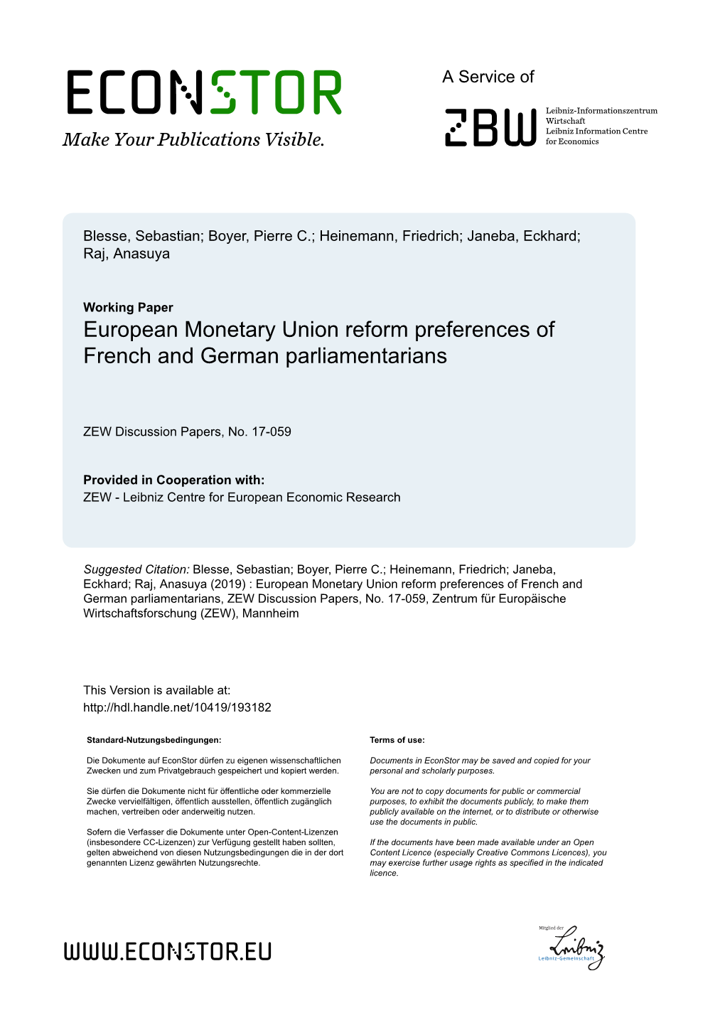 European Monetary Union Reform Preferences of French and German Parliamentarians