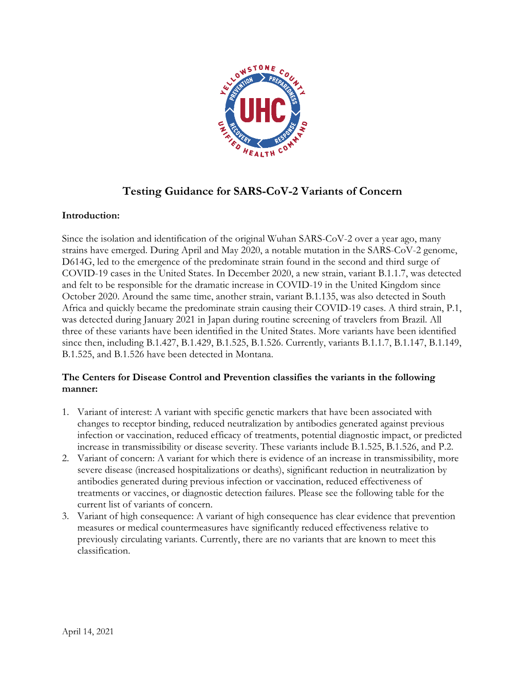 Testing Guidance for SARS-Cov-2 Variants of Concern