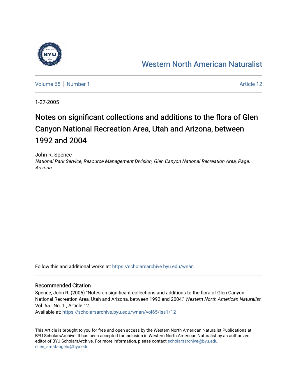 Notes on Significant Collections and Additions to the Flora of Glen Canyon National Recreation Area, Utah and Arizona, Between 1992 and 2004