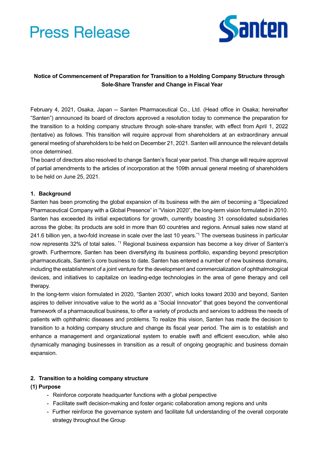 Notice of Commencement of Preparation for Transition to a Holding Company Structure Through Sole-Share Transfer and Change in Fiscal Year