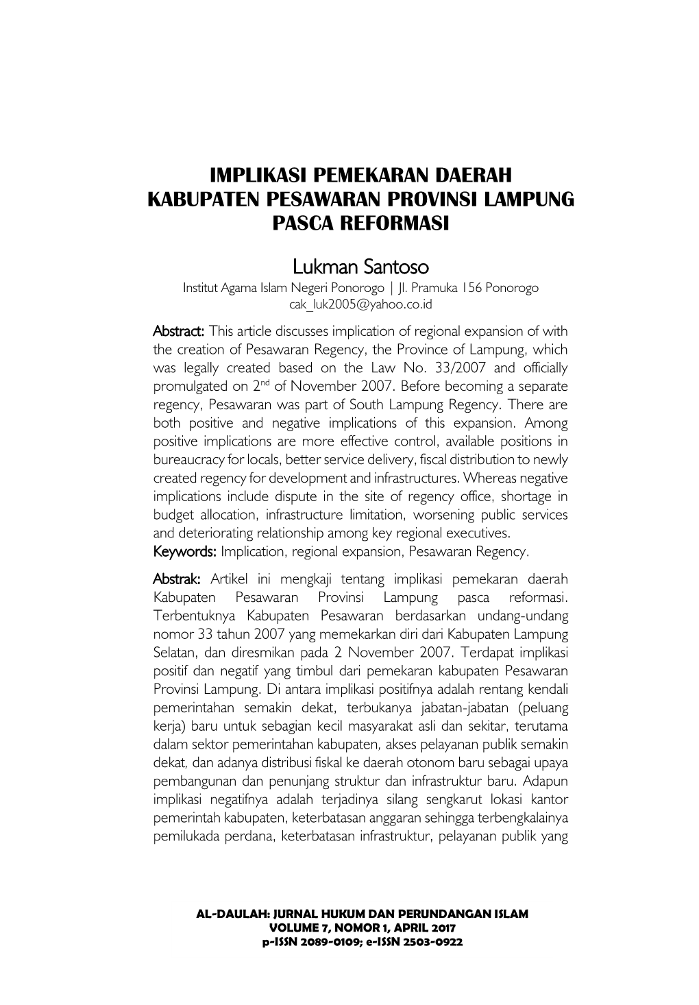 Implikasi Pemekaran Daerah Kabupaten Pesawaran Provinsi Lampung Pasca Reformasi