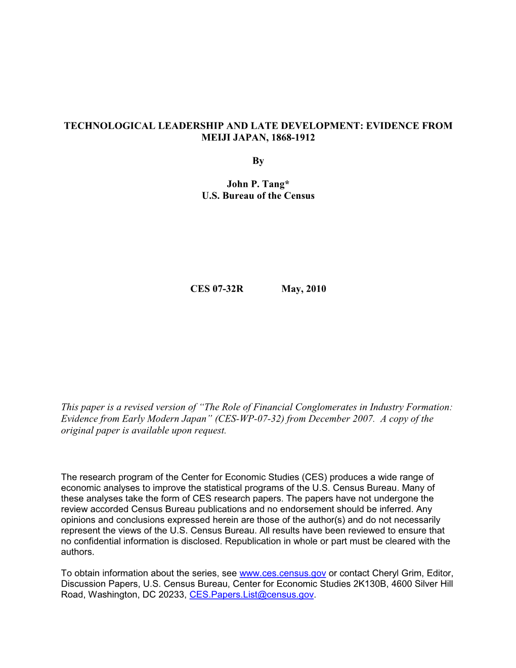 Technological Leadership and Late Development: Evidence from Meiji Japan, 1868-1912