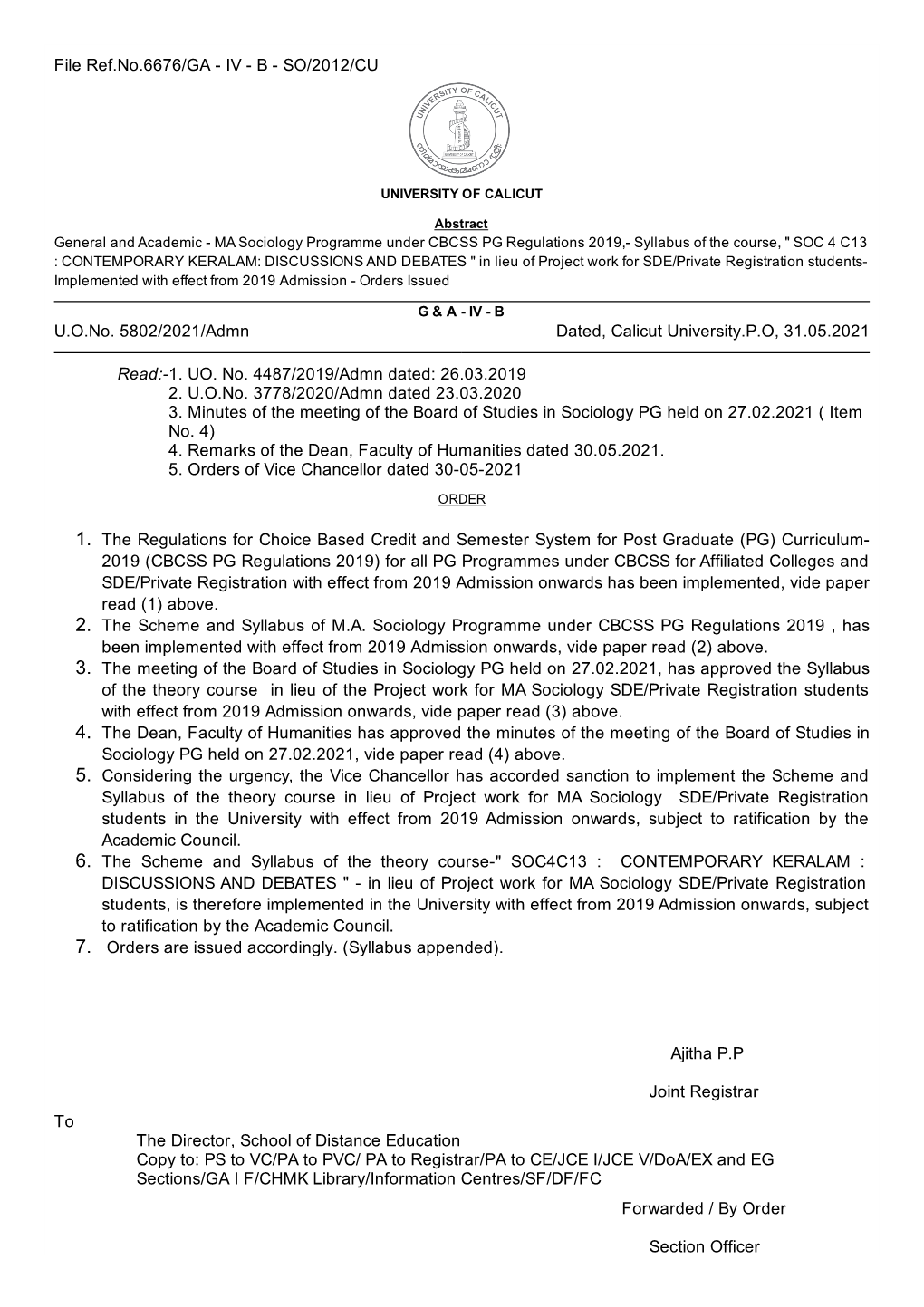 U.O.No. 5802/2021/Admn Dated, Calicut University.P.O, 31.05.2021