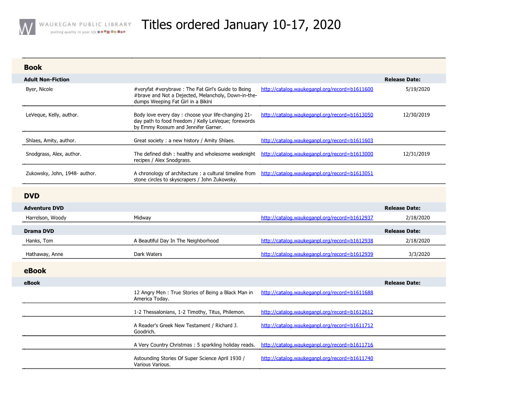 Titles Ordered January 10-17, 2020