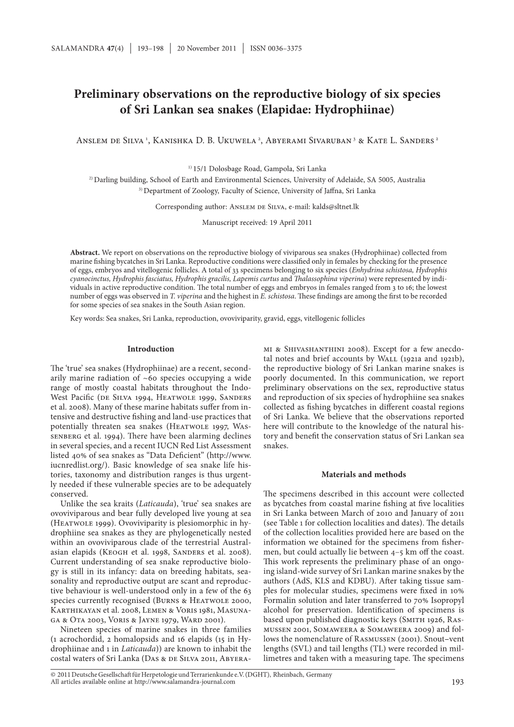 Preliminary Observations on the Reproductive Biology of Six Species of Sri Lankan Sea Snakes (Elapidae: Hydrophiinae)