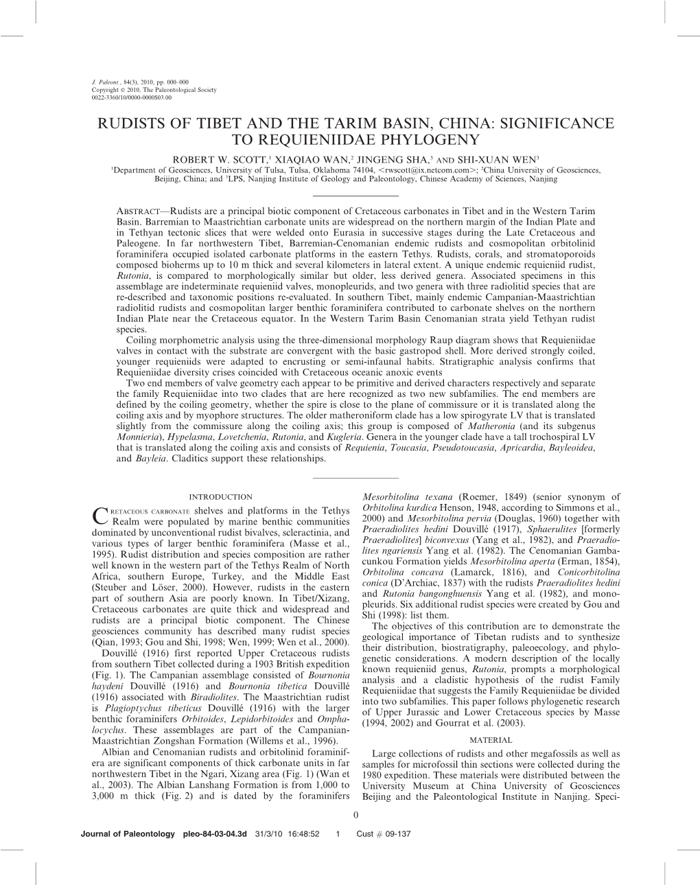 Rudists of Tibet and the Tarim Basin, China: Significance to Requieniidae Phylogeny