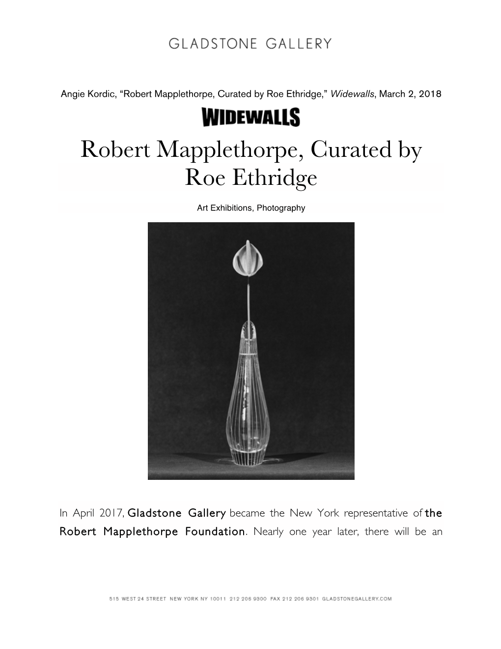 Robert Mapplethorpe, Curated by Roe Ethridge,” Widewalls, March 2, 2018