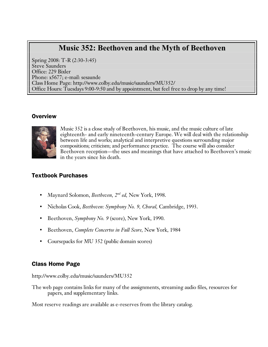 Music 352: Beethoven and the Myth of Beethoven