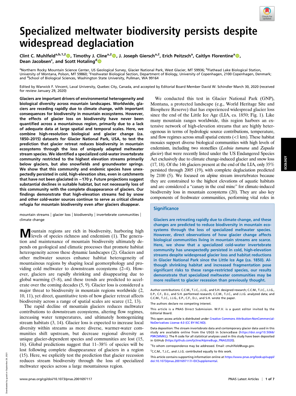 Specialized Meltwater Biodiversity Persists Despite Widespread Deglaciation