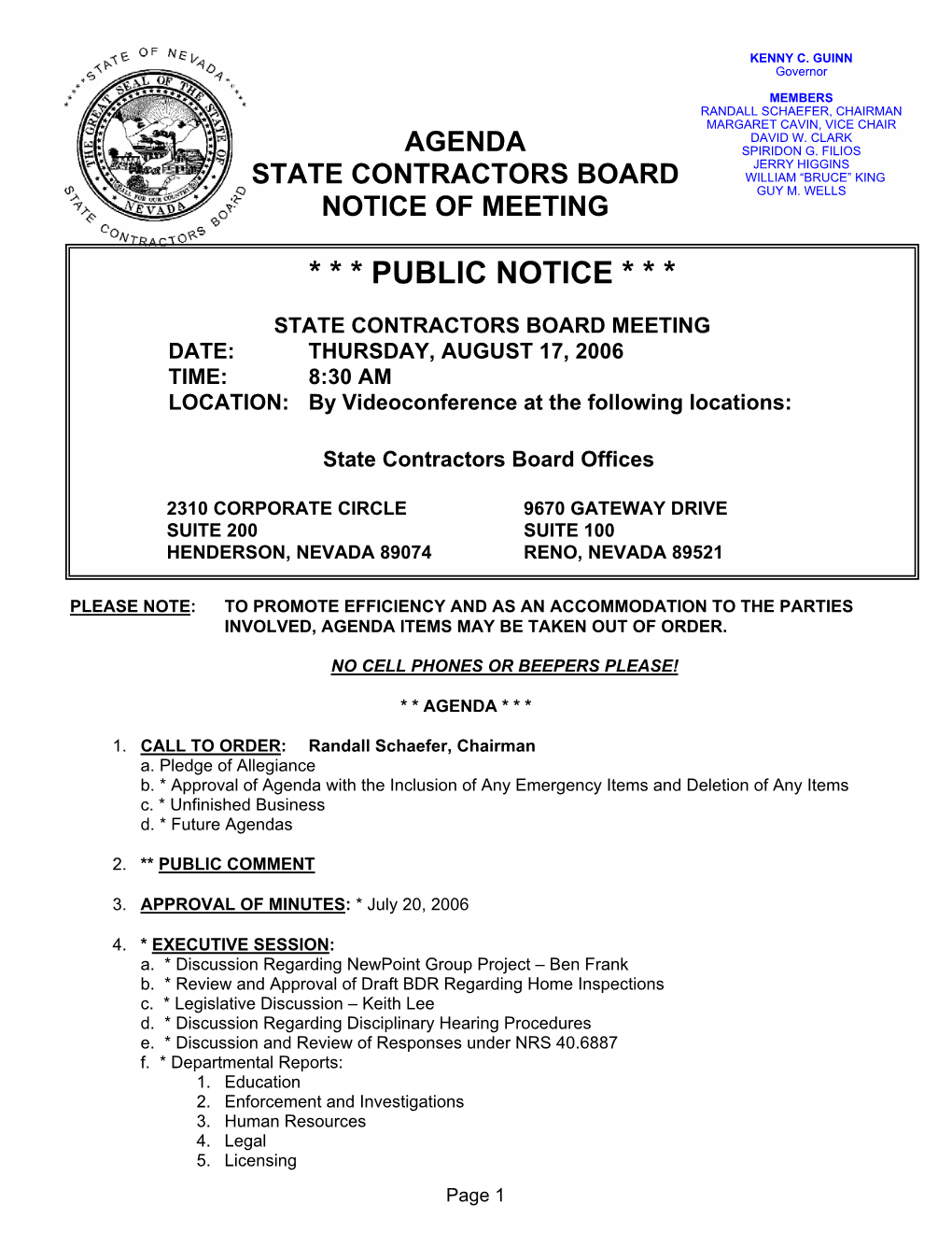 Agenda State Contractors Board Notice Of