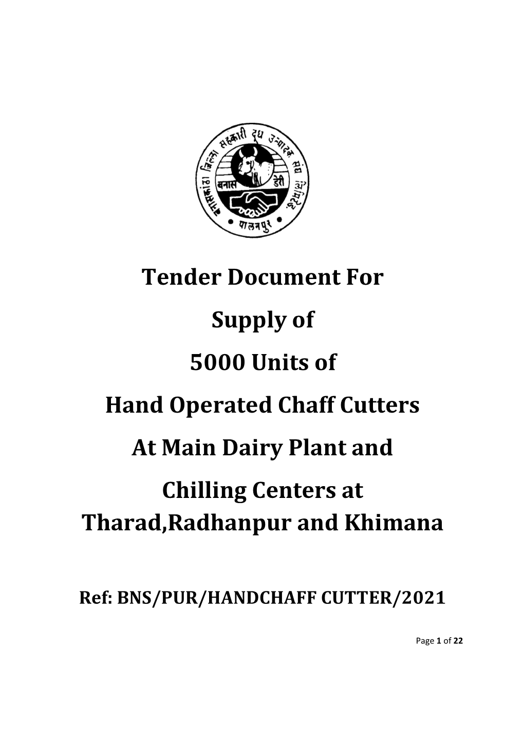 Tender Docume Hand Operated Ch at Main Dairy Pl