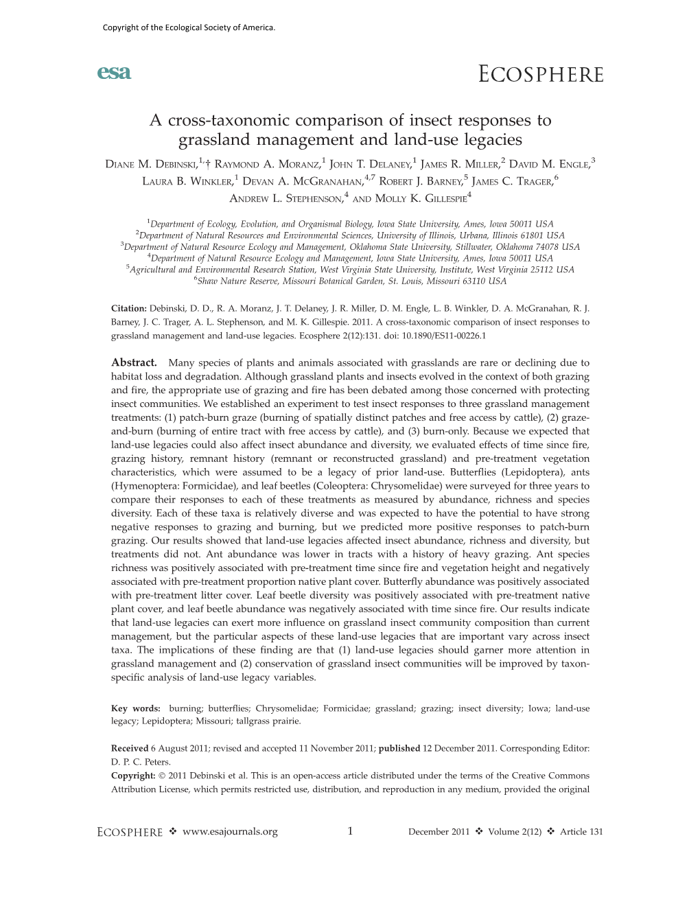 A Cross-Taxonomic Comparison of Insect Responses to Grassland Management and Land-Use Legacies 1, 1 1 2 3 DIANE M