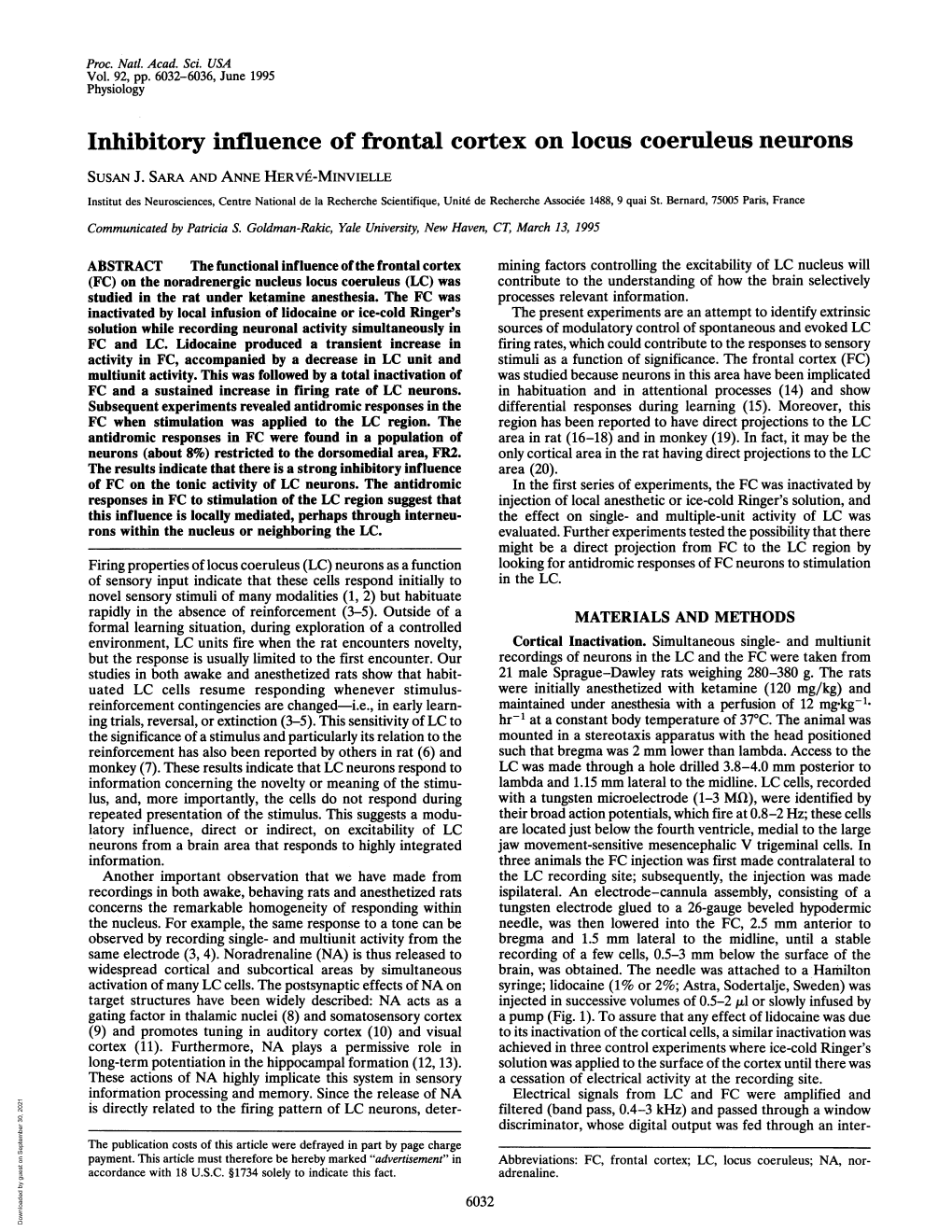 Inhibitory Influence of Frontal Cortex on Locus Coeruleus Neurons SUSAN J