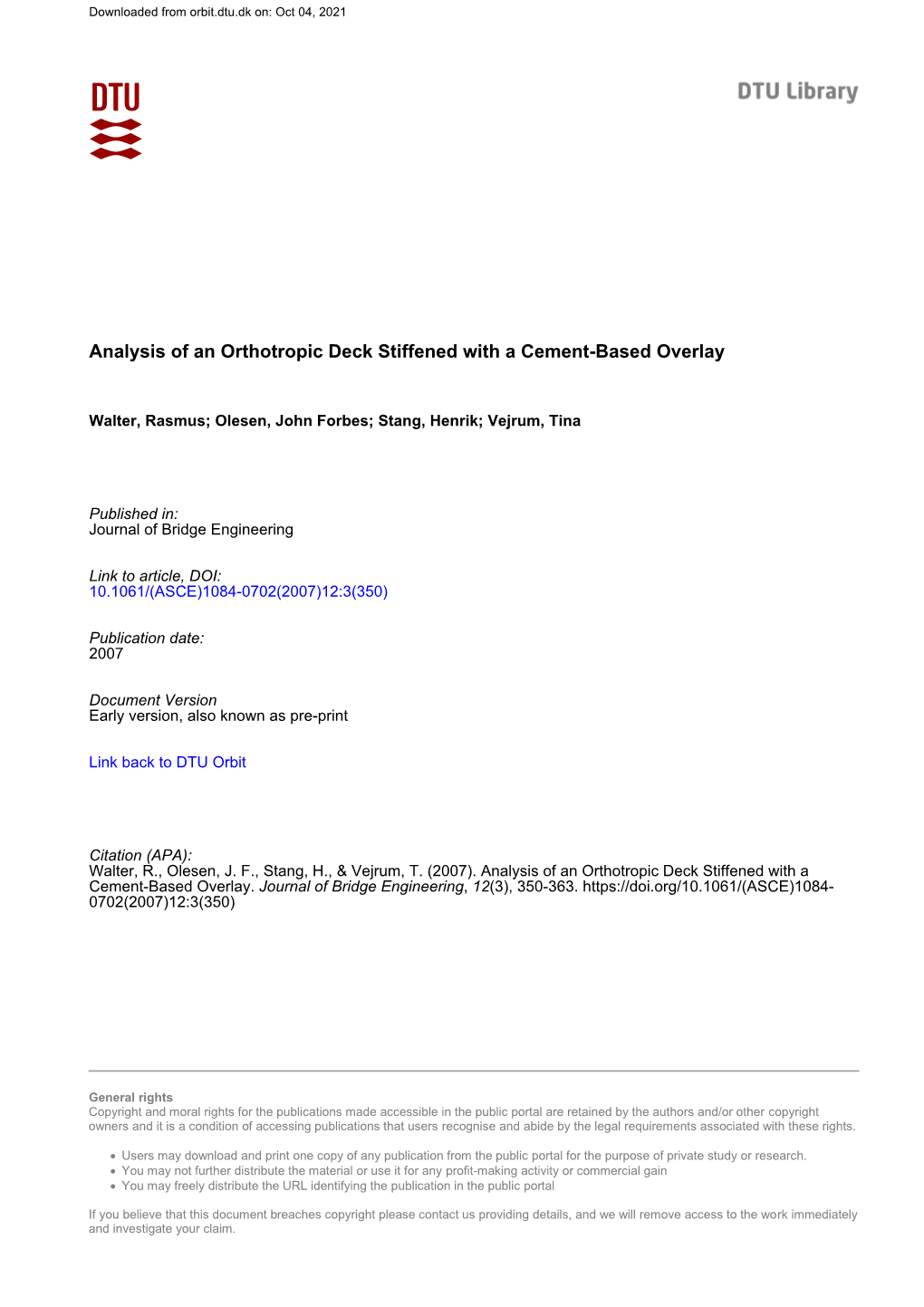 Analysis of an Orthotropic Deck Stiffened with a Cement-Based Overlay