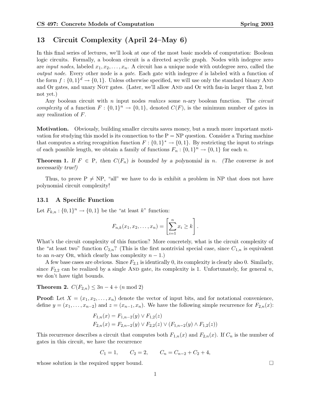 13 Circuit Complexity (April 24–May 6)