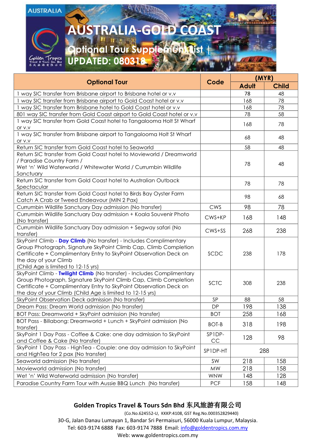 AUSTRALIA-GOLD COAST Optional Tour Supplement List | UPDATED: 080318