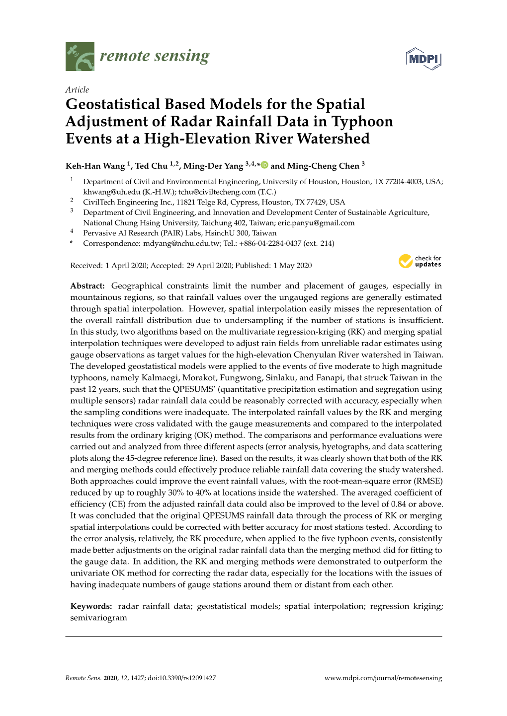 Geostatistical Based Models for the Spatial Adjustment of Radar Rainfall Data in Typhoon Events at a High-Elevation River Watershed