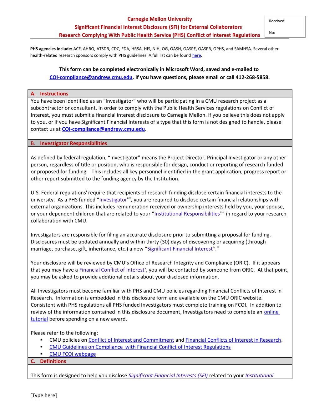 Significant Financial Interest Disclosure (SFI)