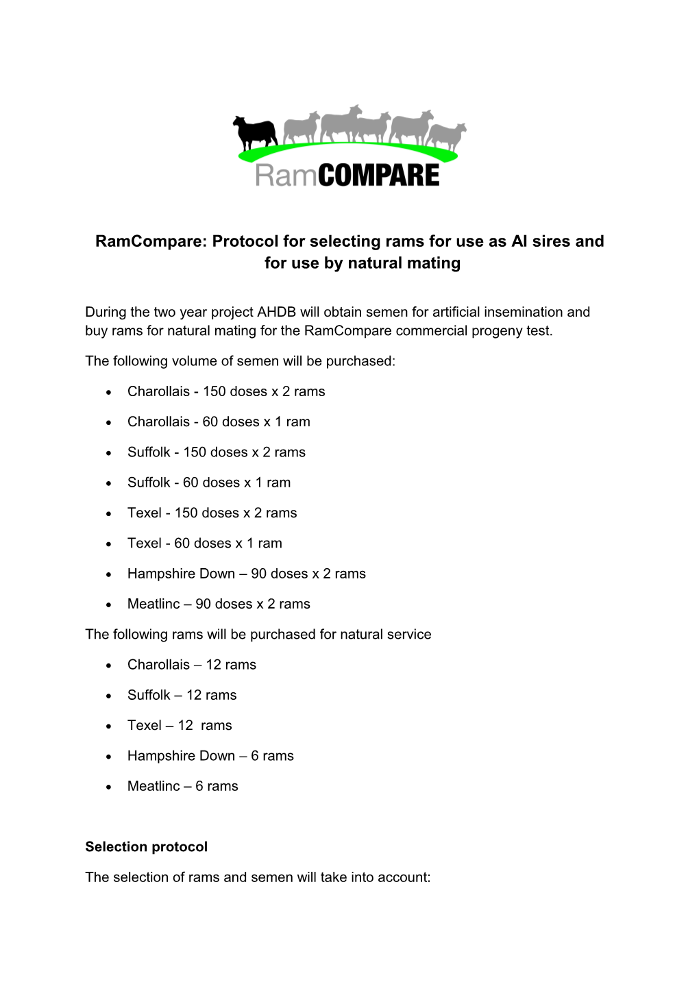 Ramcompare: Protocol for Selecting Rams for Use As AI Sires and for Use by Natural Mating