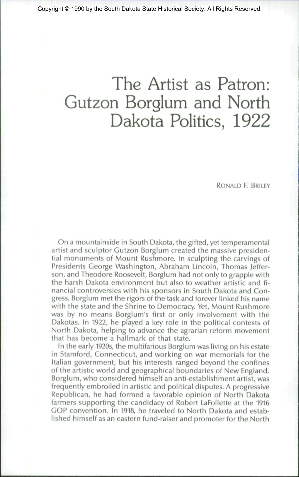 The Artist As Patron: Gutzon Borglum and North Dakota Politics, 1922