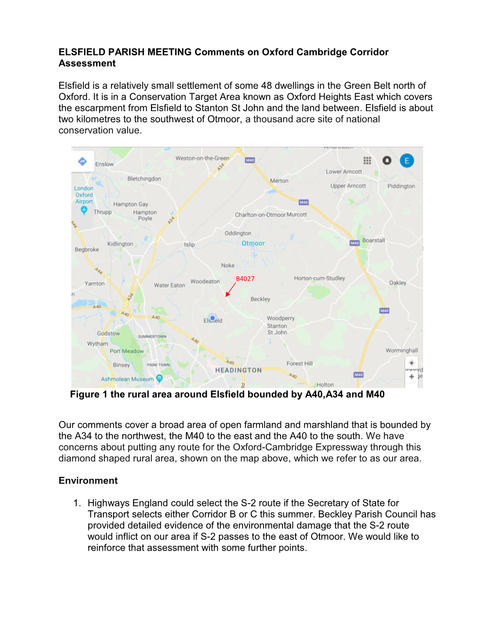 ELSFIELD PARISH MEETING Comments on Oxford Cambridge Corridor Assessment