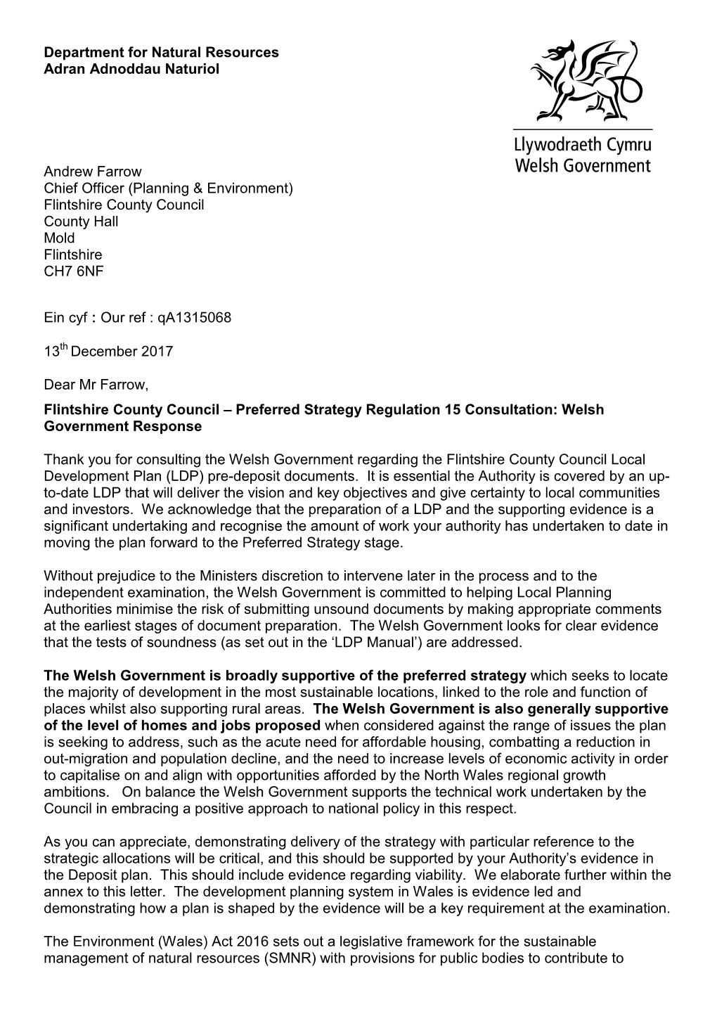 Regulation 15 Welsh Government Response to Flintshire County