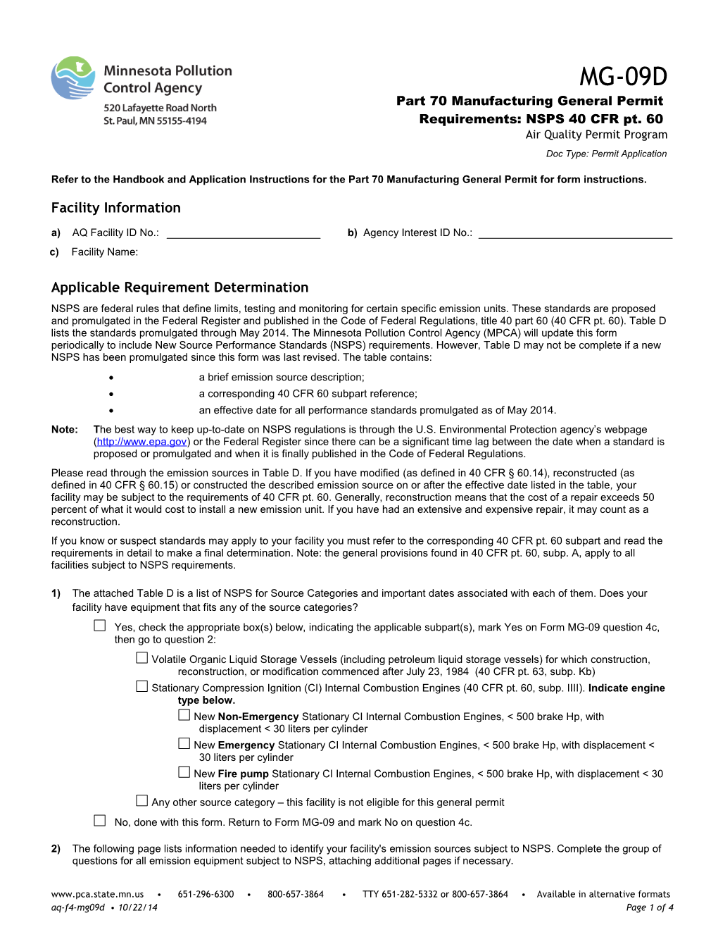 MG-09D Part 70 Manufacturing General Permit Requirements: NSPS (40 CFR Pt. 60) - Air Quality