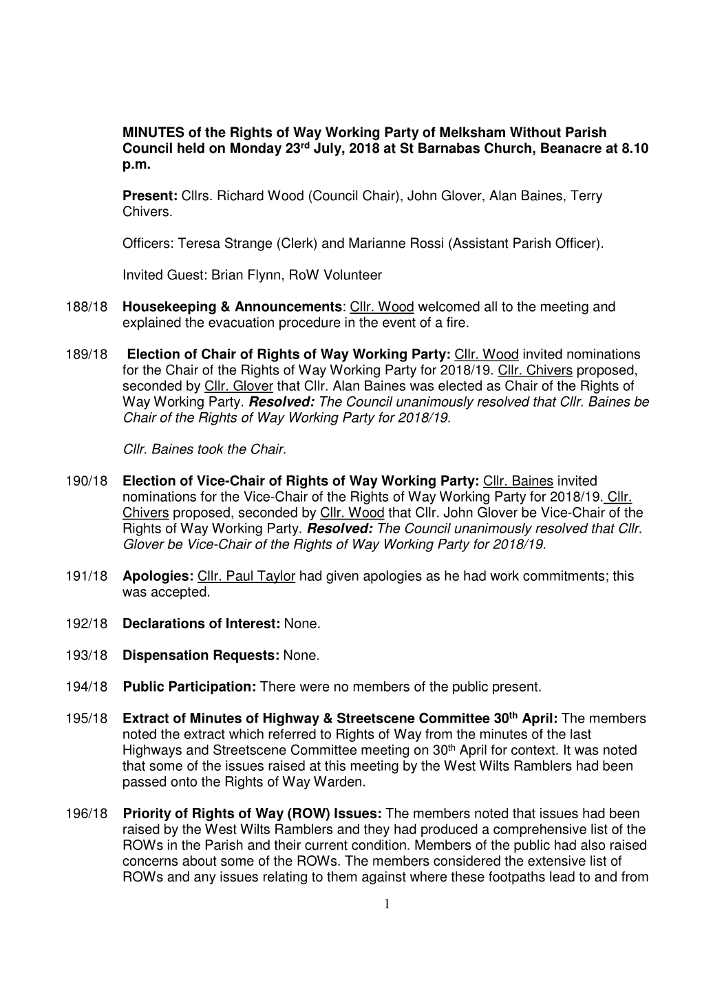 1 MINUTES of the Rights of Way Working Party of Melksham Without