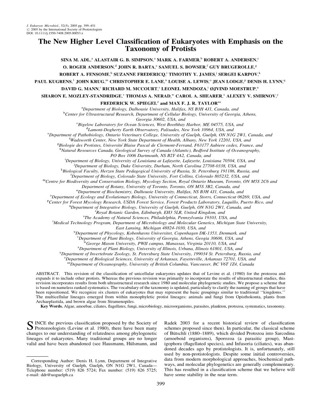 The New Higher Level Classification of Eukaryotes with Emphasis on the Taxonomy of Protists