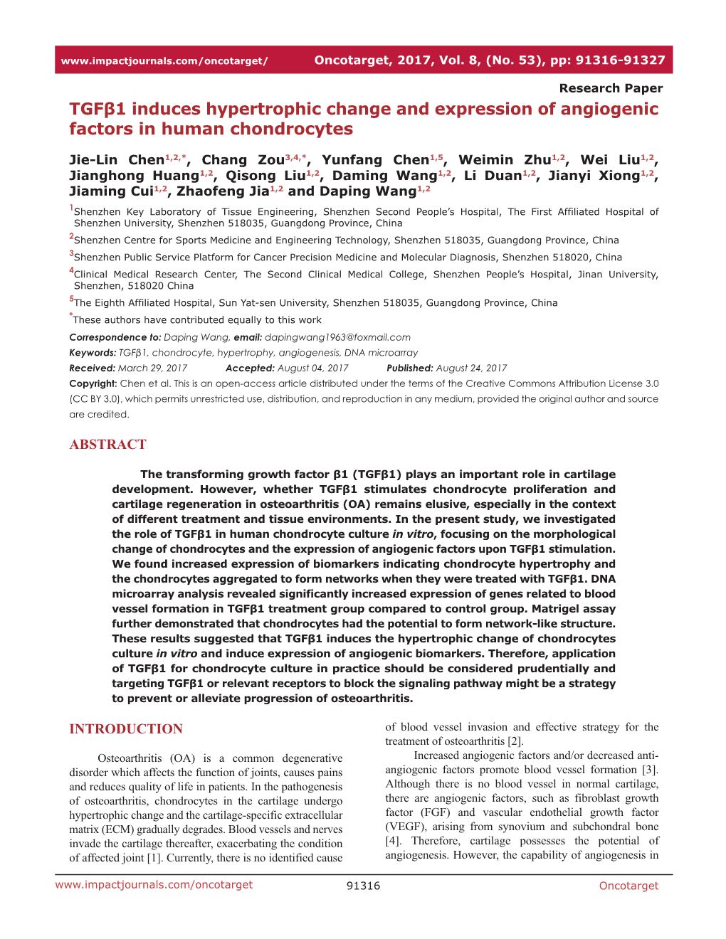 Tgfβ1 Induces Hypertrophic Change and Expression of Angiogenic Factors in Human Chondrocytes